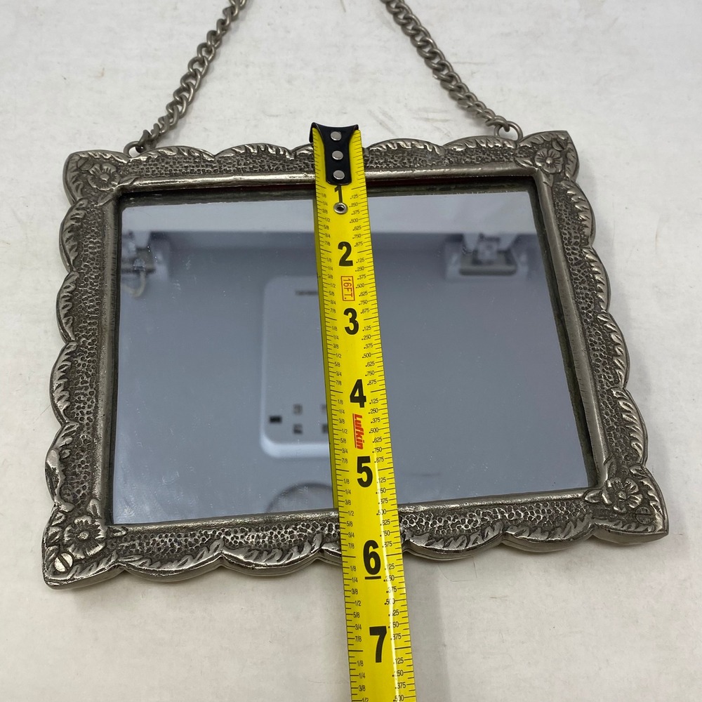 Vintage Silver Tone Ornate Floral Repousse Wall Hanging Mirror with Chain Mount - Picture 3 of 7